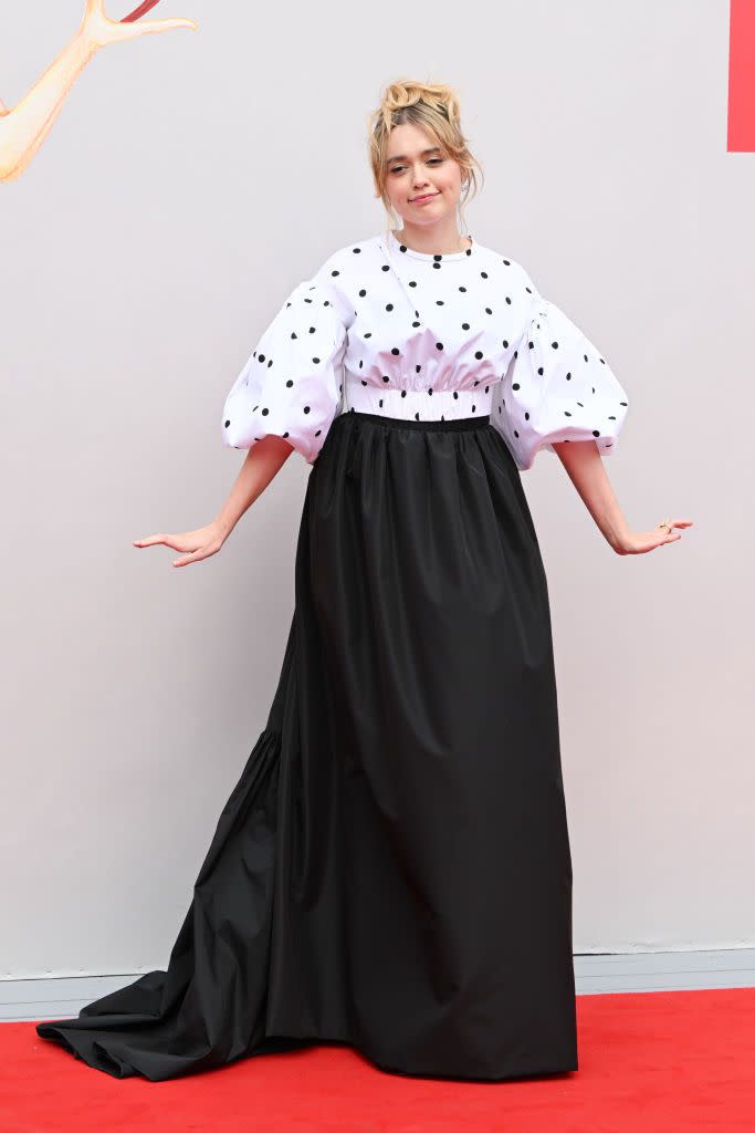 <p>The Sex Education star hit the red carpet in a puffy, polka-dot Patou dress.</p>