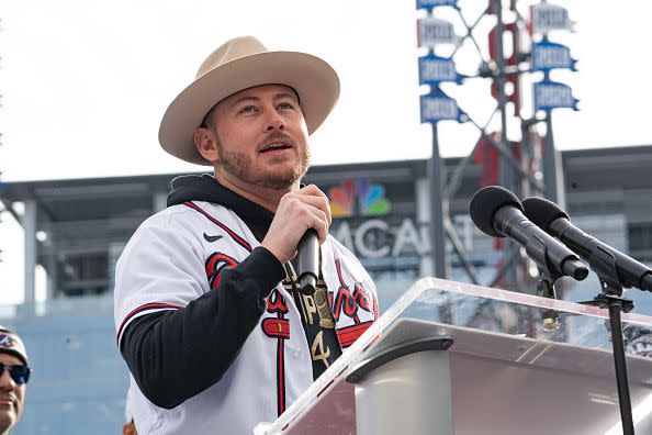 ATLANTA, GA - NOVEMBER 05: Tyler Matzek and members of the Atlanta Braves team speak following the World Series Parade at Truist Park on November 5, 2021 in Atlanta, Georgia. The Atlanta Braves won the World Series in six games against the Houston Astros winning their first championship since 1995. (Photo by Megan Varner/Getty Images)