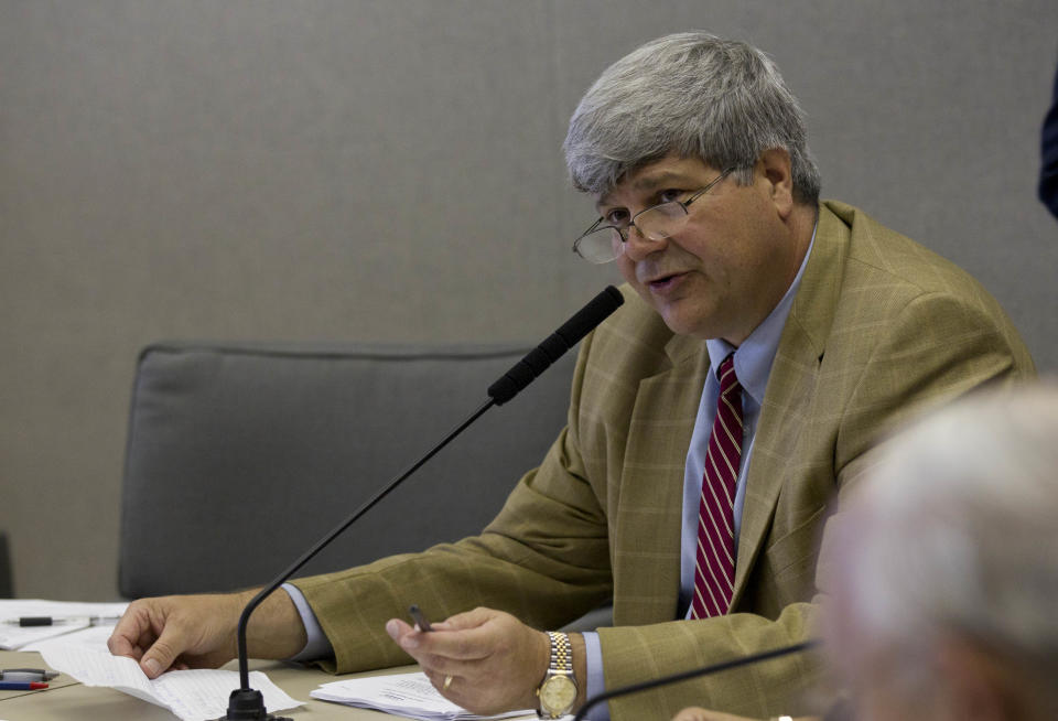 Senate Finance and Taxation-Education Committee Chairman Sen. Trip Pittman, R-Daphne, discusses the proposed education budget during their committee meeting at the Alabama Statehouse in Montgomery, Ala., Wednesday, April 18, 2012. (AP Photo/Dave Martin)