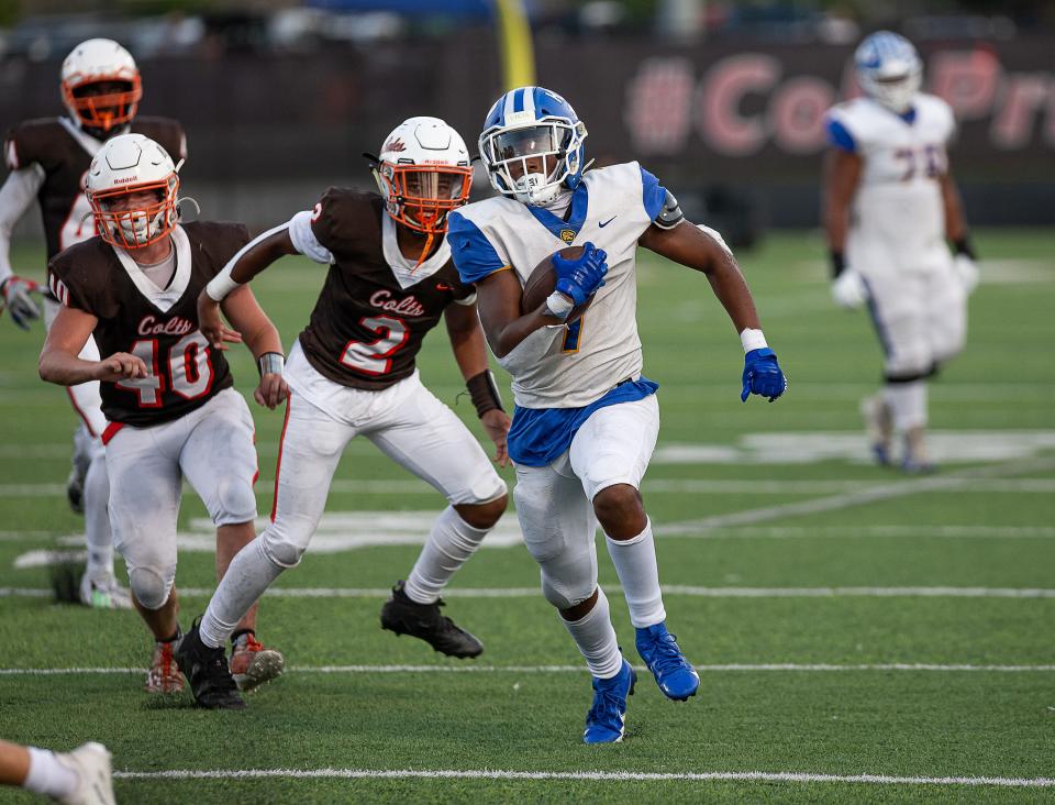 KCD running back Kassani Wilson (7) broke free for a first down during first half action on Friday night. The KCD Bearcats defeated the DeSales Colts in overtime, 24-23 at Paul B. Cox Stadium on Friday, Sept. 1, 2023.