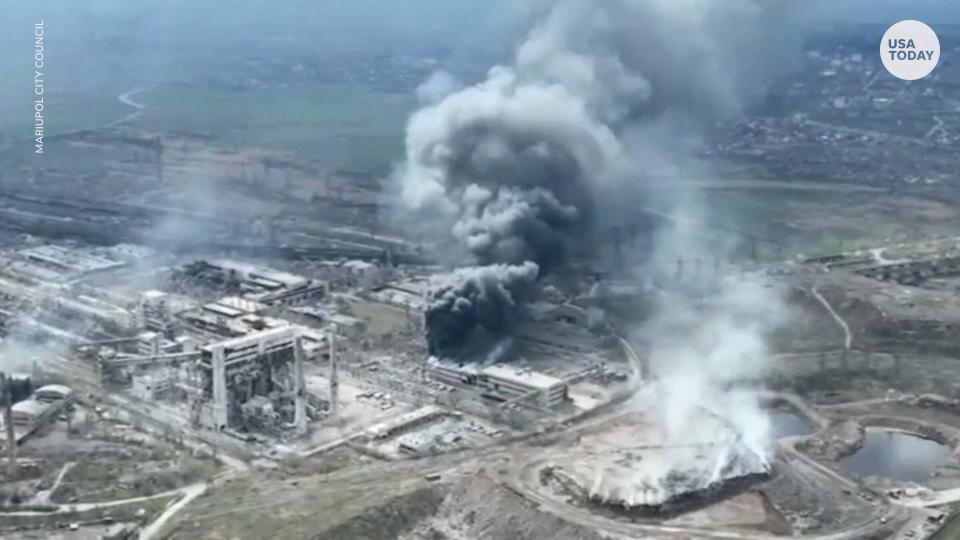 Smoke rises from a plant in Mariupol after a Russian attack.