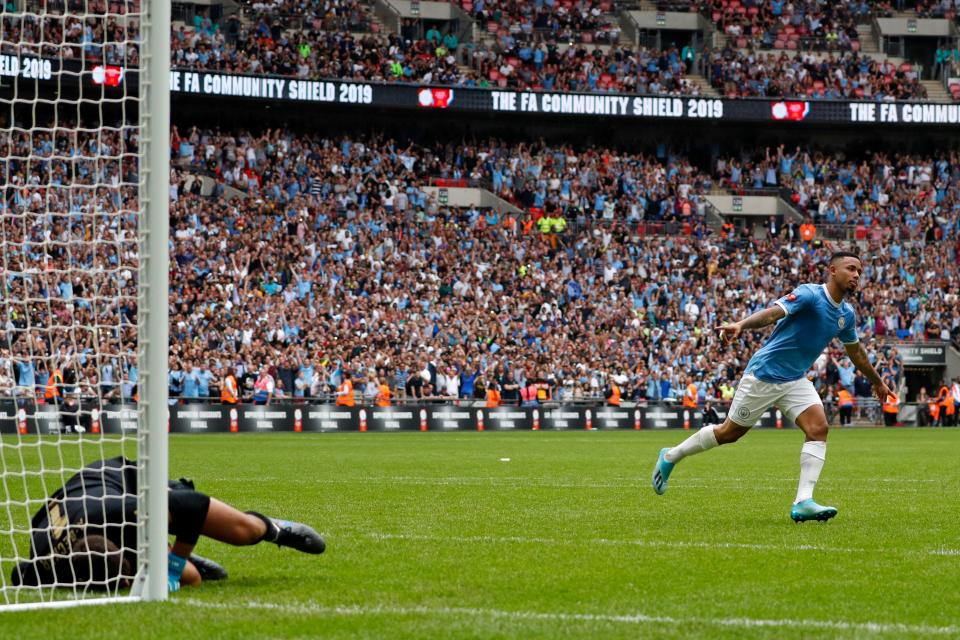 Manchester City's Brazilian striker Gabriel Jesus celebrates after converting the winning penalty. (Credit: Getty Images)