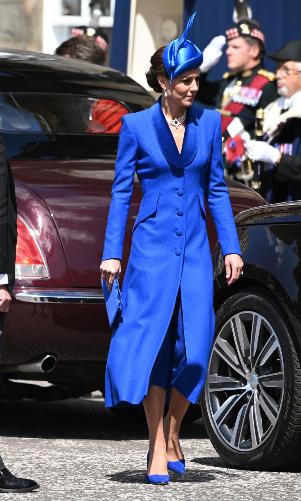 Britain's Catherine, Princess of Wales, known as the Duchess of Rothesay while in Scotland leaves the Palace of Holyroodhouse before travelling to St Giles' Cathedral to attend a National Service of Thanksgiving and Dedication, in Edinburgh on July 5, 2023. Scotland on Wednesday will mark the Coronation of King Charles III and Queen Camilla during a National Service of Thanksgiving and Dedication where the The King will be presented with the Honours of Scotland. (Photo by John Linton / POOL / AFP) (Photo by JOHN LINTON/POOL/AFP via Getty Images)