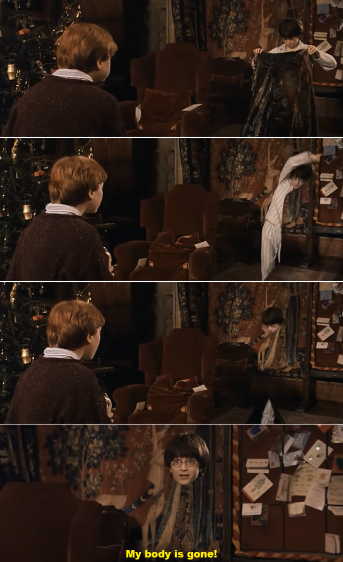 Three frames from a film showing a character, Ron, reacting to another, Harry, who is partially invisible, with a caption "My body is gone!"