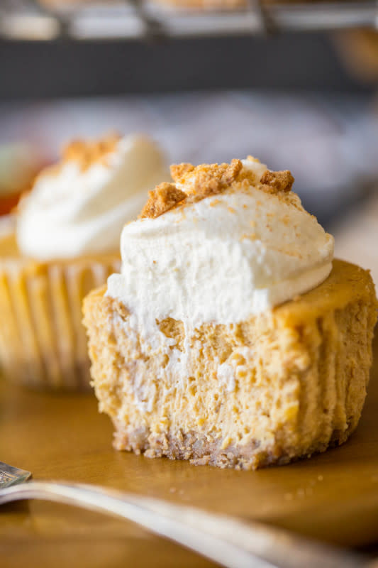 <p>Lovely Little Kitchen</p><p>These pumpkin spice cheesecakes are perfect for your Thanksgiving dessert. They are silky smooth and creamy, perfectly spiced, and can be made in advance! </p><p><strong>Get the recipe: <em><a href="https://lovelylittlekitchen.com/mini-pumpkin-spice-cheesecakes/" rel="nofollow noopener" target="_blank" data-ylk="slk:Pumpkin Spice Cheesecakes;elm:context_link;itc:0;sec:content-canvas" class="link rapid-noclick-resp">Pumpkin Spice Cheesecakes</a></em></strong></p>