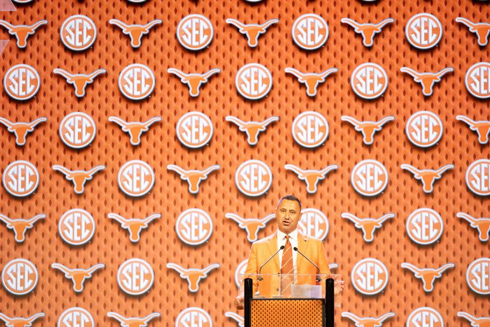 Texas head football coach Steve Sarkisian addresses questions during SEC media days Wednesday in Dallas. Texas players spoke as well. "At the end of the day, we're the University of Texas," quarterback Quinn Ewers said. "The standard's the standard."