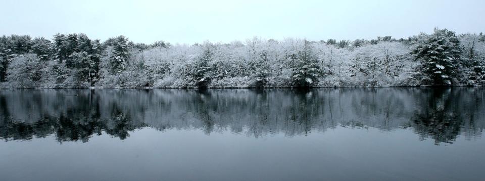 Snow covered trees are reflected in Ocean County Park's lake in Lakewood Saturday morning, February 17, 2024.