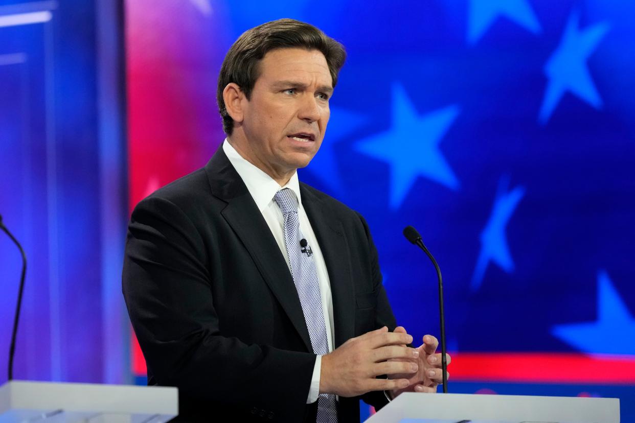 Republican presidential candidate Florida Gov. Ron DeSantis speaks during a Republican presidential primary debate hosted by NBC News, Wednesday, Nov. 8, 2023, at the Adrienne Arsht Center for the Performing Arts of Miami-Dade County in Miami. (AP Photo/Rebecca Blackwell) ORG XMIT: FLRB401