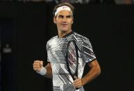 Tennis - Australian Open - Melbourne Park, Melbourne, Australia - 20/1/17 Switzerland's Roger Federer celebrates winning his Men's singles third round match against Czech Republic's Tomas Berdych. REUTERS/Jason Reed