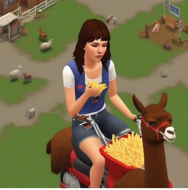 Animated character riding a llama while holding a bowl of fries on a farm