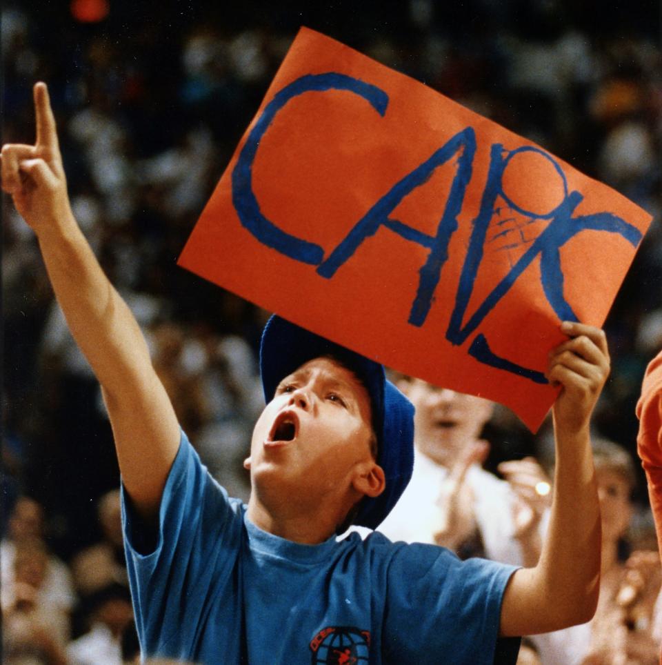 Eli Shibley, 9, of Hudson cheers for the Cleveland Cavaliers at the Richfield Coliseum on May 17, 1992, in Richfield, Ohio.