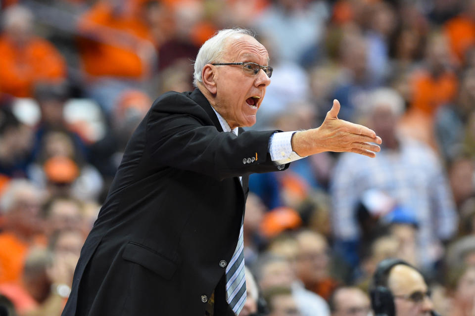 SYRACUSE, NY - NOVEMBER 06:  Head coach Jim Boeheim of the Syracuse Orange reacts to a play against the Virginia Cavaliers during the first half at the Carrier Dome on November 6, 2019 in Syracuse, New York. (Photo by Rich Barnes/Getty Images)