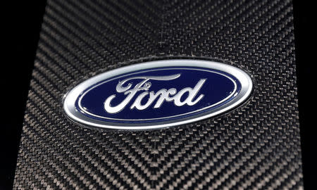 FILE PHOTO: The Ford logo at the New York Auto Show in the Manhattan borough of New York City, New York, U.S., March 29, 2018. REUTERS/Shannon Stapleton/File Photo