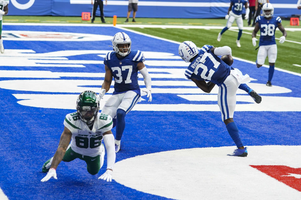 Indianapolis Colts cornerback Xavier Rhodes (27) intercept a pass intended for New York Jets receiver Lawrence Cager (86) in the first half of an NFL football game in Indianapolis, Sunday, Sept. 27, 2020. (AP Photo/Darron Cummings)