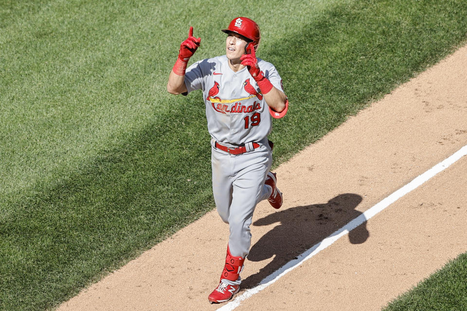 May 26, 2021; Chicago, Illinois, USA; St. Louis Cardinals third baseman Tommy Edman (19) celebrates while heading to home plate after hitting a solo home run against the Chicago White Sox during the eight inning at Guaranteed Rate Field. Mandatory Credit: Kamil Krzaczynski-USA TODAY Sports