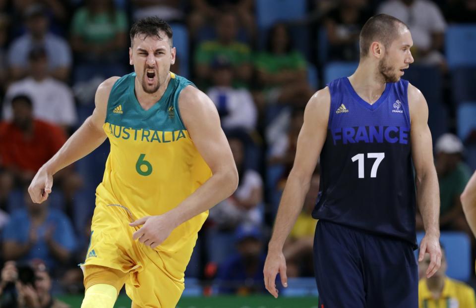 Andrew Bogut has helped lead Australia to wins over France and Serbia. (AP)