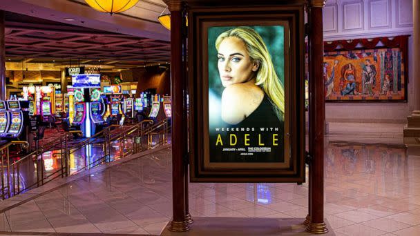 PHOTO: A promotional billboard promotes the upcoming concerts by singer Adele inside Caesars Palace Hotel & Casino on Jan. 9, 2022 in Las Vegas. (George Rose/Getty Images, FILE)