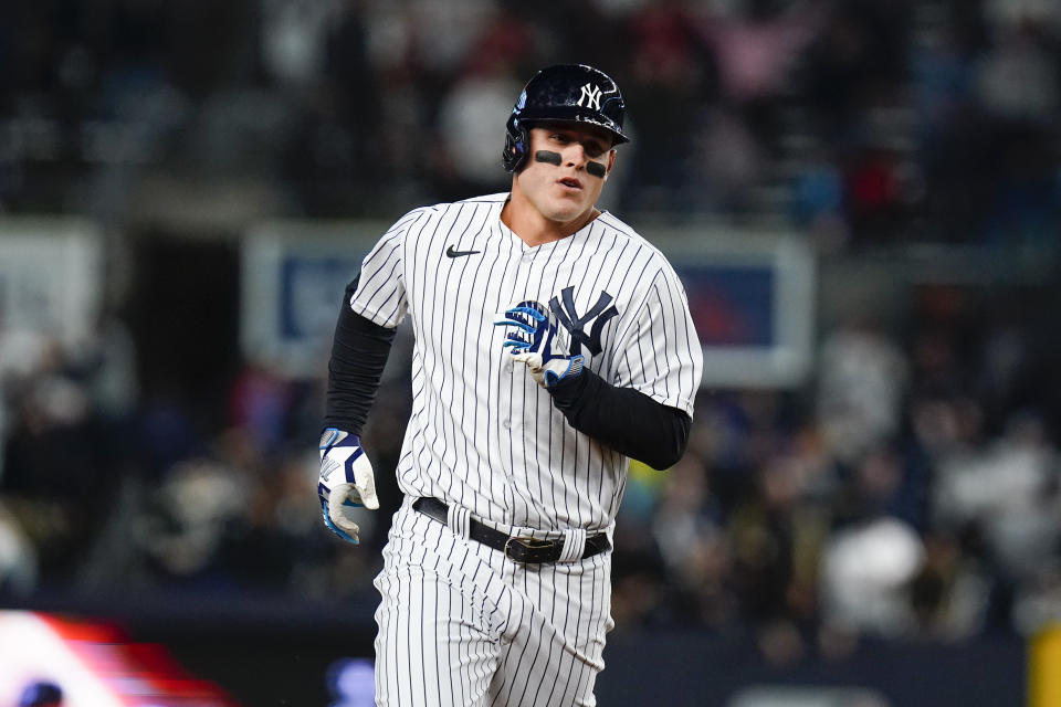 New York Yankees' Anthony Rizzo runs the bases after hitting a three-run home run during the third inning of a baseball game against the Baltimore Orioles, Tuesday, April 26, 2022, in New York. (AP Photo/Frank Franklin II)