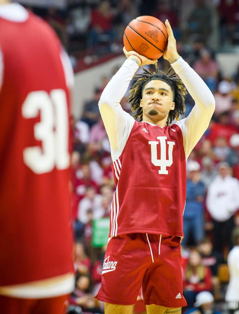 Indiana's Jalen Hood-Schifino shoots during Hoosier Hysteria for the basketball programs at Simon Skjodt Assembly Hall on Friday, Oct. 7, 2022.