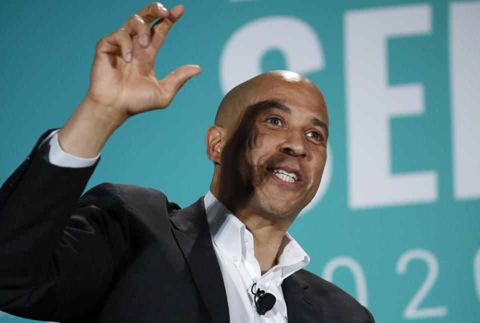 Democratic presidential candidate Sen. Cory Booker, D-N.J., speaks during a public employees union candidate forum Saturday, Aug. 3, 2019, in Las Vegas. (AP Photo/John Locher)