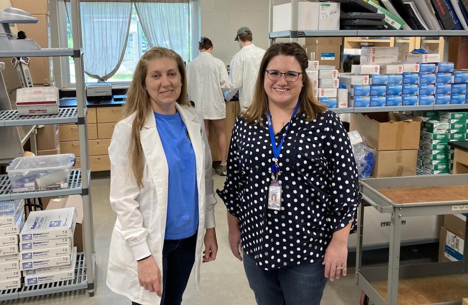 Jeanette Schnars, left, executive director of the Regional Science Consortium, and Breanna Adams, director of environmental health programs with the Erie County Department of Health, stand in the consortium's lab at the Tom Ridge Environmental Center on June 7, 2023.