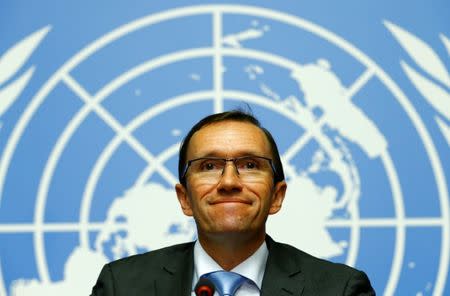 United Nations Special Advisor on Cyprus Espen Barth Eide attends a news conference one day before peace talks on divided Cyprus are to resume in Crans-Montana, in Geneva, Switzerland June 27, 2017. REUTERS/Denis Balibouse