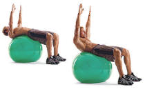 <b>LONG-LEVER SWISS-BALL CRUNCH</b> Rest your head, shoulders and back on a Swiss ball and straighten your arms until they’re perpendicular to the floor. Lift your shoulderblades off the ball and reach straight up towards the ceiling. Pause for a count of two, then slowly lower yourself. Do three sets of 10 to 15 reps.