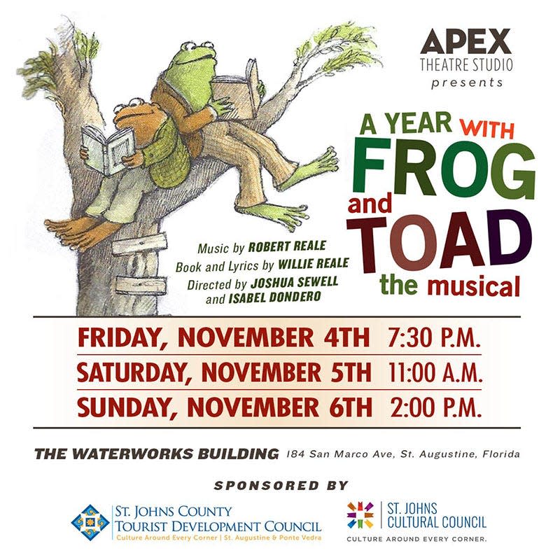  “A Year with Frog and Toad” will be produced by Apex Theatre Studio on Nov. 4-6 at The Waterworks. 184 San Marco Ave., in downtown St. Augustine.  