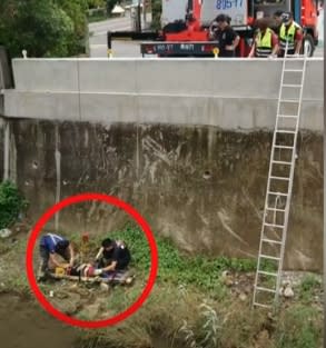 女子被長背板固定後抬上救護車。（圖／東森新聞）