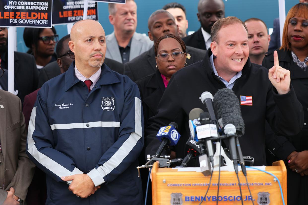 New York Republican gubernatorial nominee Rep. Lee Zeldin (R-NY) speaks during a press conference at the entrance to the Rikers Island jail on October 24, 2022 in New York City. 