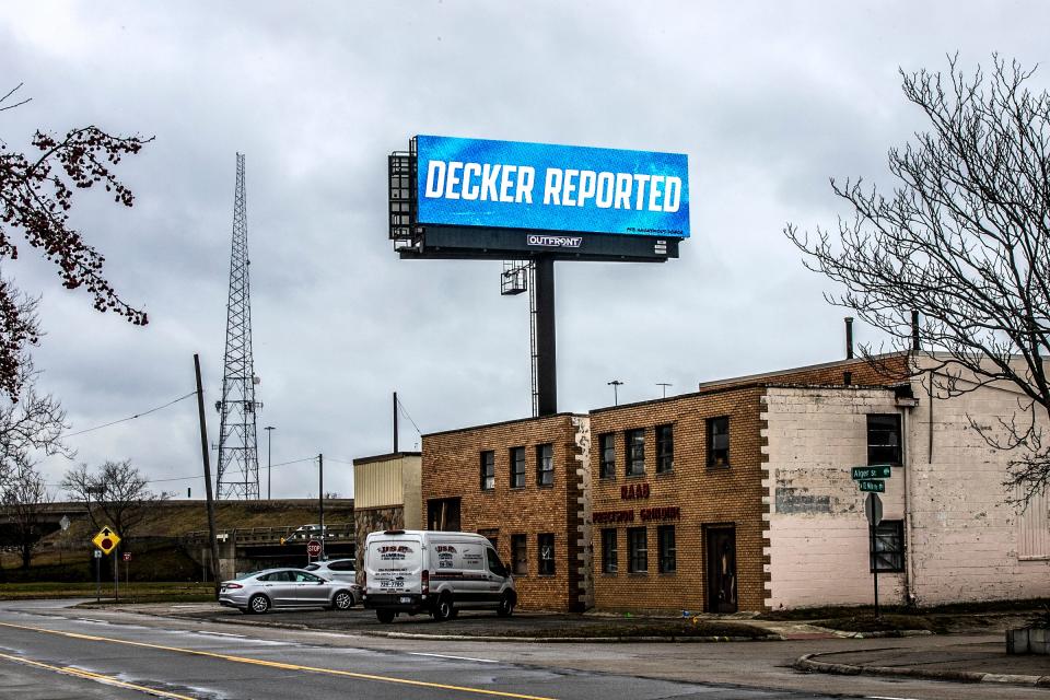 “Decker Reported” can be seen on a billboard at I-696 near John R. Road in Hazel Park, Mich., on Wednesday, Jan. 3, 2024. The billboard references a controversial referee call at the end of the recent Detroit Lions game against the Dallas Cowboys that cost the Lions the win.
