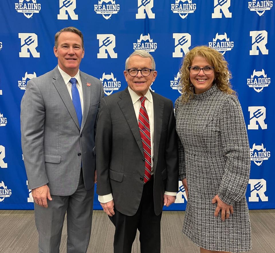 Micki Egli, superintendent of West Branch Local Schools, right, is pictured with Gov. Mike DeWine and Lt. Gov. Jon Husted in Reading, Ohio, where DeWine announced the latest school districts to get career tech grants. West Branch received a grant.