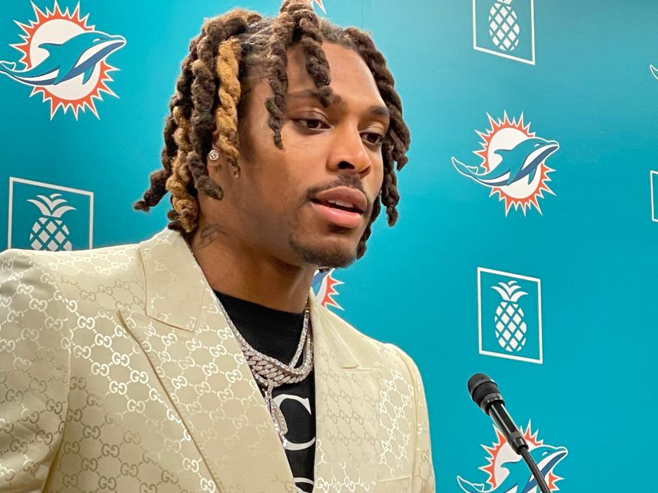 Dolphins cornerback Jalen Ramsey addresses reporters at the team facility Thursday.