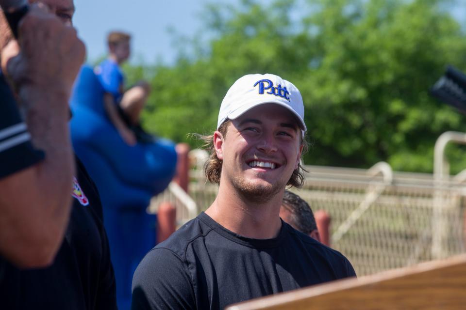 Former Ocean Township quarterback Kenny Pickett, taken in the first round of the NFL Draft in April by the Pittsburgh Steelers after playing at Pitt, attends the Kenny Pickett field dedication ceremony at the Ocean's AYF practice field, which is now named in his honor, in OceanTwp., NJ Friday, July 1, 2022. 