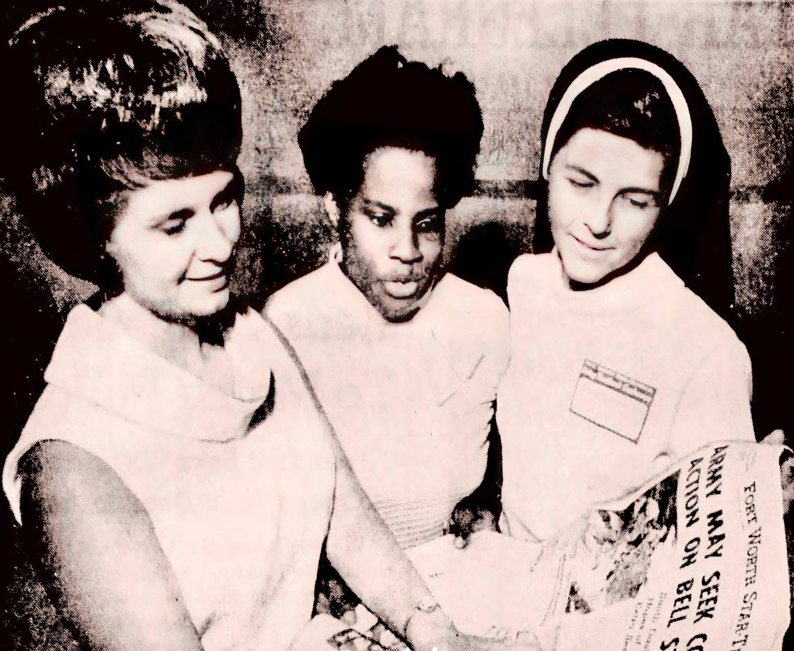 Dunbar Elementary teacher Opal Roland, center, later Opal Lee, was a speaker June 8, 1969, at the Fort Worth Star-Telegram Living Textbook Conference at the University of Texas at Arlington. Other speakers included Evelyn Lovejoy, left, of the Gatesville State School for Boys, and Sister Mary Roberta Jones of Sacred Heart School in Muenster.