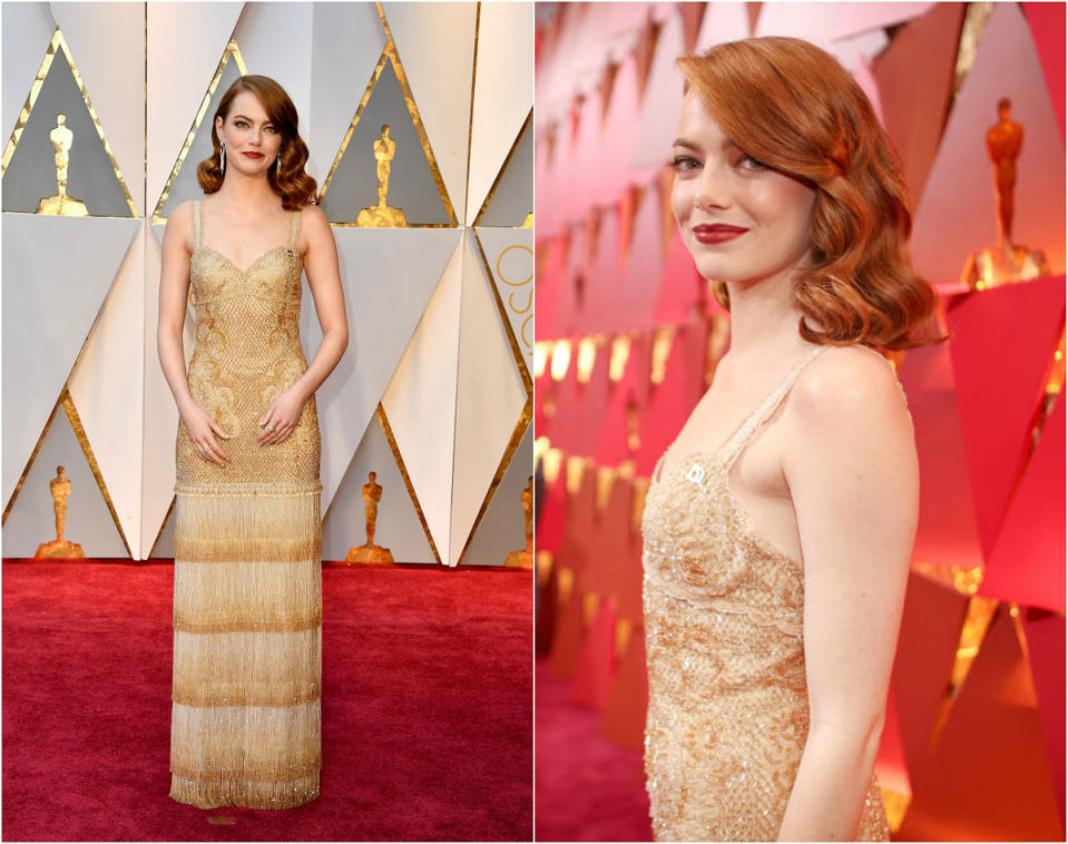 <p>The “La La Land” beauty donned this cream-toned Givenchy Haute Couture gown designed by Riccardo Tisci (one of his last Givenchy designs). Embroidered in gold Swarovski crystals and featuring a fringe finish, the gown flowed flawlessly against Emma’s porcelain skin and side-parted red locks. <strong>Grade: A (She looked stunning, but <a rel="nofollow" href="https://ca.style.yahoo.com/emma-stones-la-la-land-slideshow-wp-102652340/photo-p-screening-la-la-land-photo-072652860.html" data-ylk="slk:we’ve seen her in better;elm:context_link;itc:0;sec:content-canvas;outcm:mb_qualified_link;_E:mb_qualified_link;ct:story;" class="link  yahoo-link">we’ve seen her in better</a>.) </strong> </p>