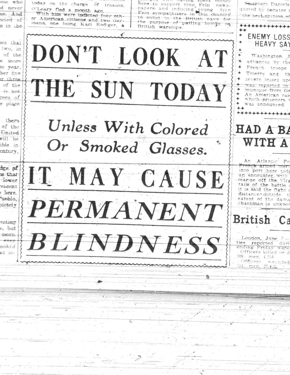 The front page of the Pueblo Chieftain on June 8, 1918 warned readers to avoid looking at the solar eclipse.