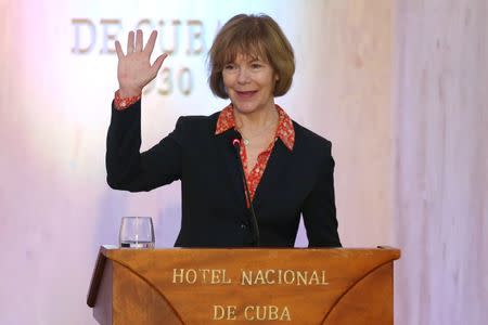 Minnesota Lt. Governor Tina Smith waves to journalists at the end of a news conference in a Hotel in Havana, Cuba, June 22, 2017. REUTERS/Alexandre Meneghini