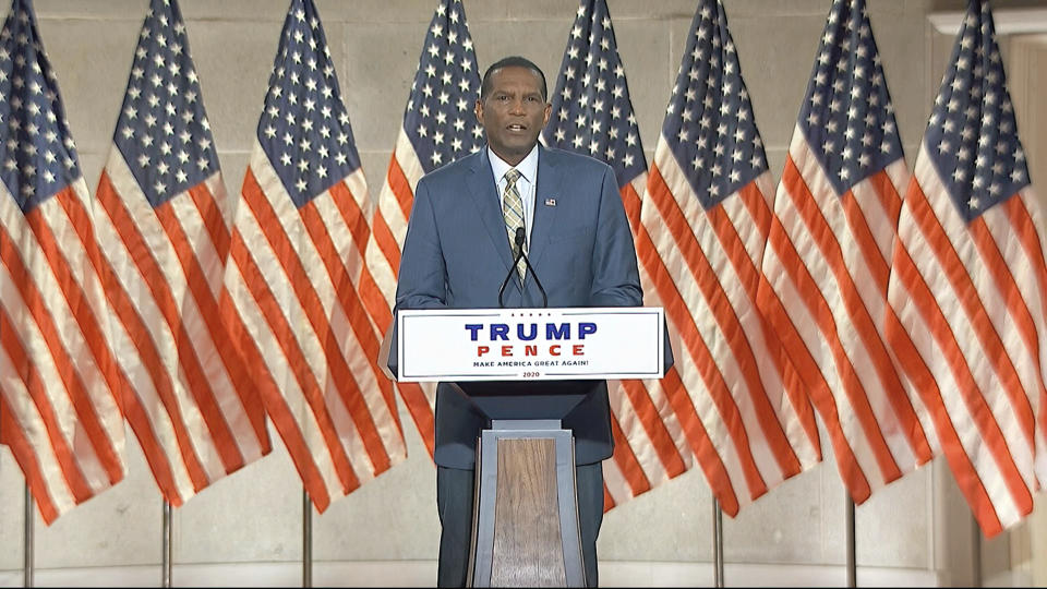 In this image from video, congressional candidate and former NFL player Burgess Owens speaks from Washington, during the third night of the Republican National Convention on Wednesday, Aug. 26, 2020. (Courtesy of the Committee on Arrangements for the 2020 Republican National Committee via AP)