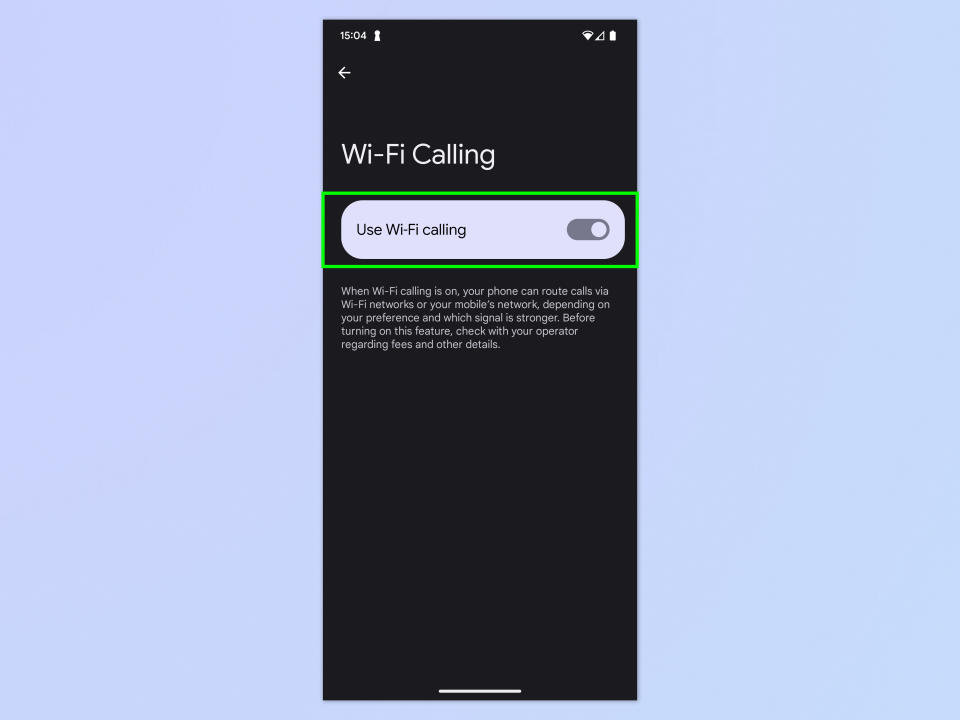 A screenshot showing how to enable Wi-Fi calling on Android