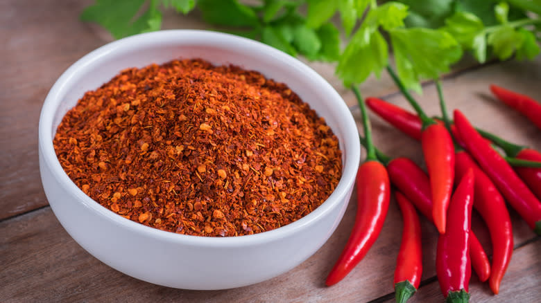 Ground cayenne pepper with chilis