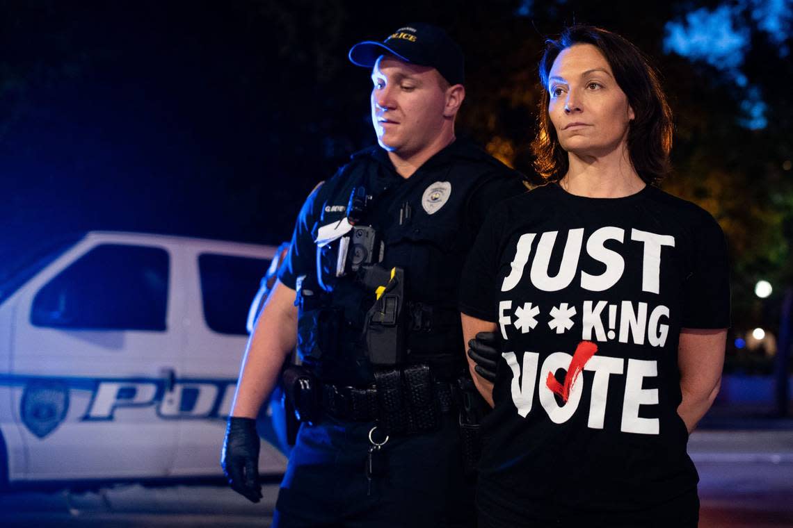 Democratic Chairwoman Nikki Fried is arrested along with Sen. Lauren Book and about a dozen activists who were protesting SB 300, which would place a ban on abortions after six weeks, outside Tallahassee City Hall on Monday, April 3, 2023.