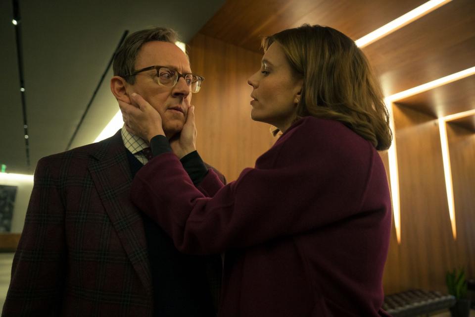 Leland (Michael Emerson) tries to lure Kristen (Katja Herbers) into caring for his antichrist baby in the new season of "Evil."