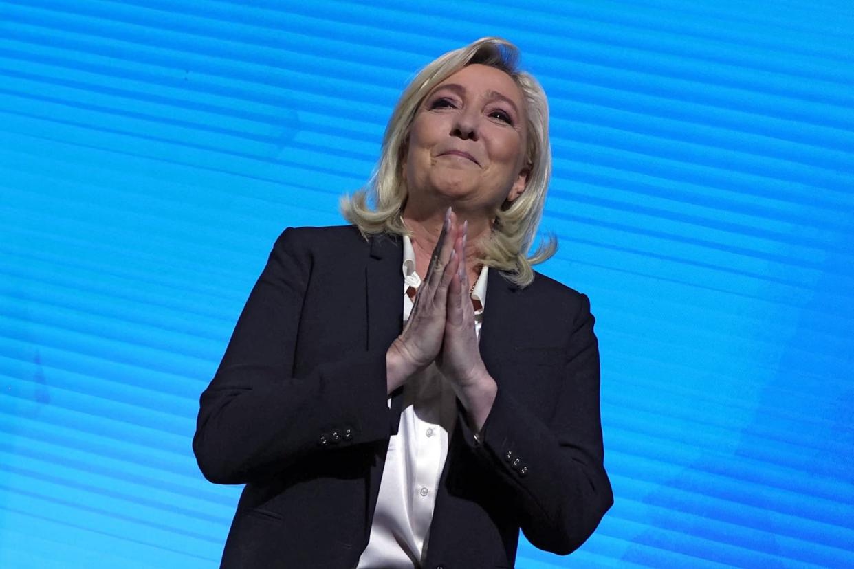 Marine Le Pen, lors de son discours au soir du premier tour de l'élection présidentielle, dimanche 10 avril 2022 - Thomas SAMSON / AFP
