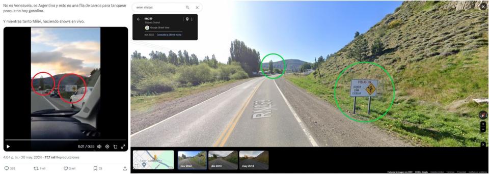 <span>Comparación de capturas de pantalla una publicación en X con del video viral (I) y la ubicación de Google Maps hechas el 3 de junio de 2024</span>