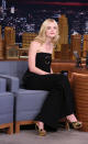 <p>For her guest appearance, Fanning kept things simple but sexy in a black Stella McCartney jumpsuit while promoting ‘About Ray.’ She completed the simple look with chunky, funky gold platforms. </p>