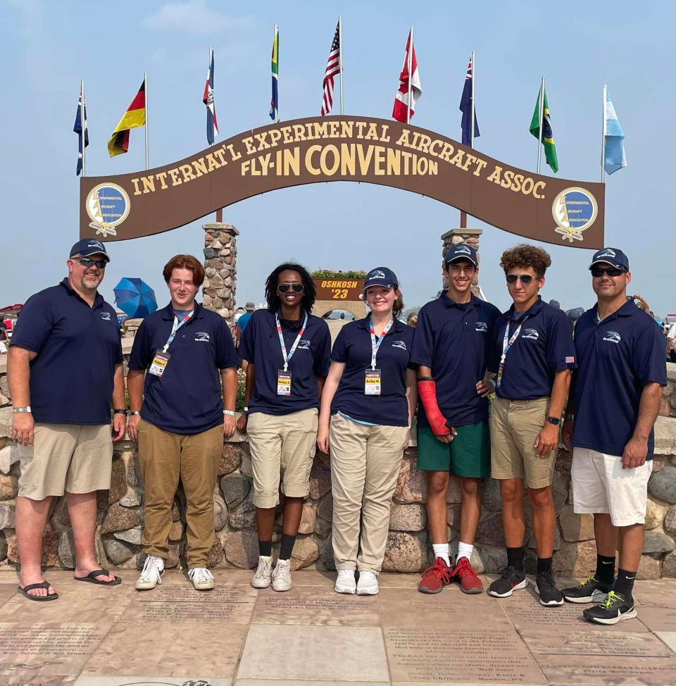 The AeroHawks team from Hardin Valley Academy gathers at the Experimental Aircraft Association Drone Search and Rescue Competition in OshKosh, Wisconsin in July 2023. From left: Timothy Smyrl (sponsor), Aidan Finney, Mickey Dandena, Bailey Mounts, Adrian Alemar, Zaen Grissino-Mayer, and Tony Alemar (mentor).