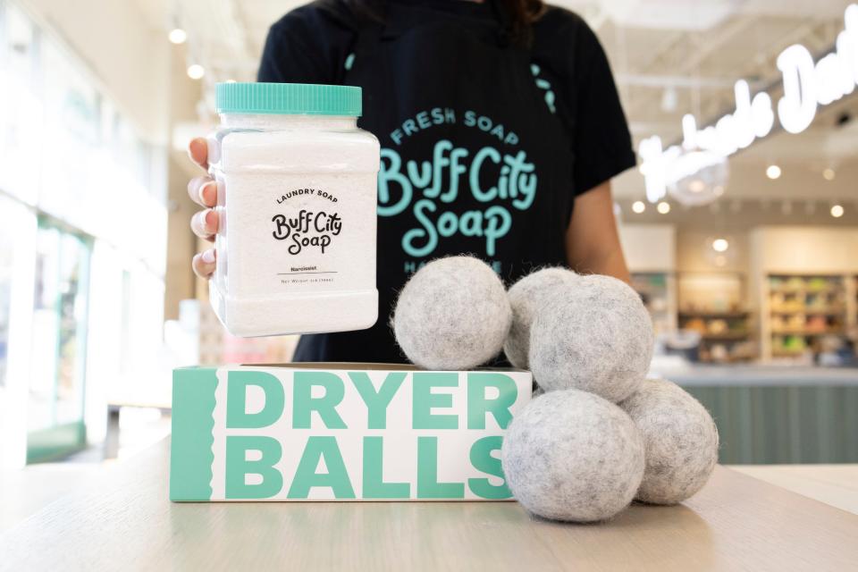 Buff City Soap’s popular laundry soap and dryer balls.