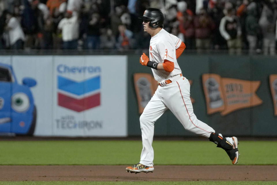 San Francisco Giants' Wilmer Flores runs the bases after hitting a solo home run against the Washington Nationals during the seventh inning of a baseball game Friday, July 9, 2021, in San Francisco. (AP Photo/Tony Avelar)