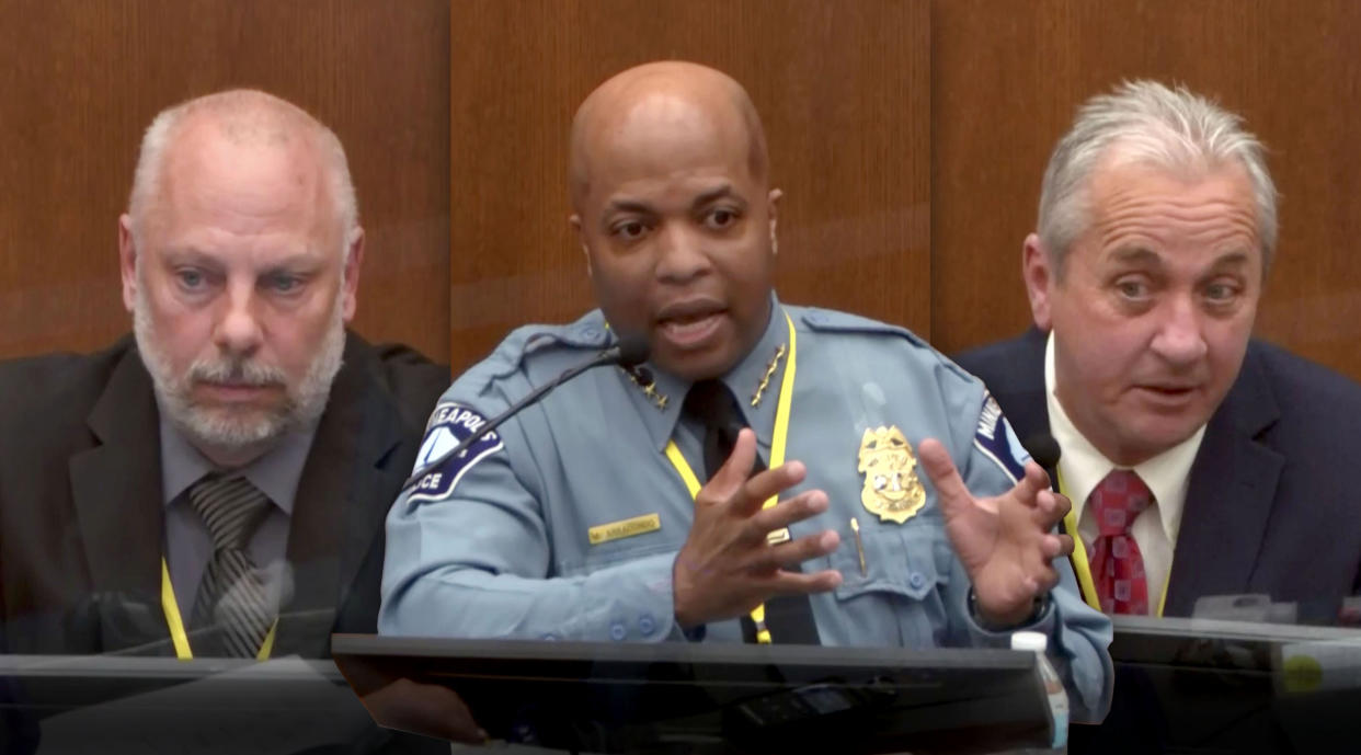 Minneapolis Police Sgt. David Pleoger, Chief Medaria Arradondo and Lt. Richard Zimmerman testify in the Derek Chauvin trial in Minneapolis, MN. (Photo illustration: Yahoo News; photos: Court TV via Reuters Video)